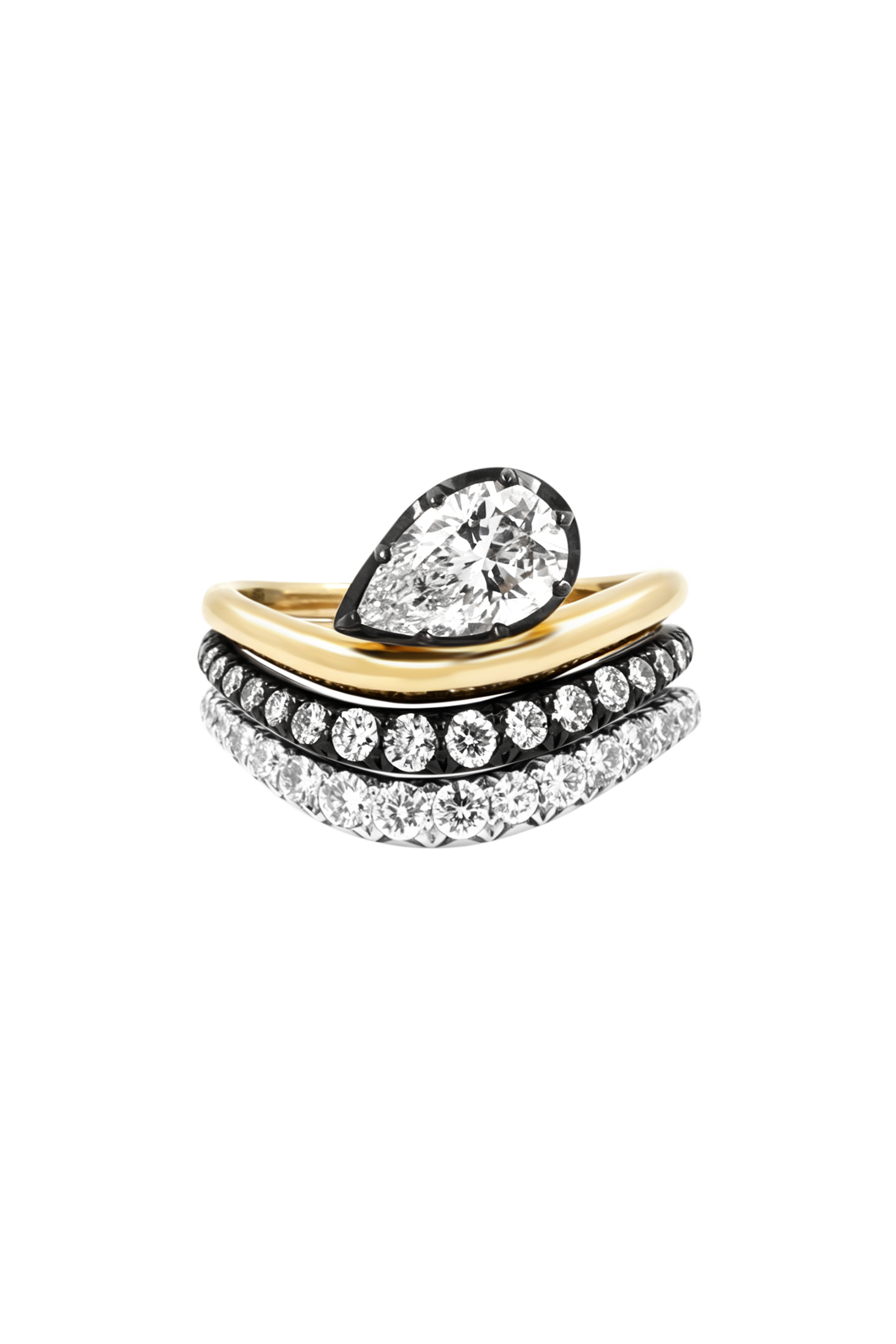 "Siren" Two-Tone Pear Diamond Tidepool Ring Stacked High-Low Tide Diamond Rings (Trio)