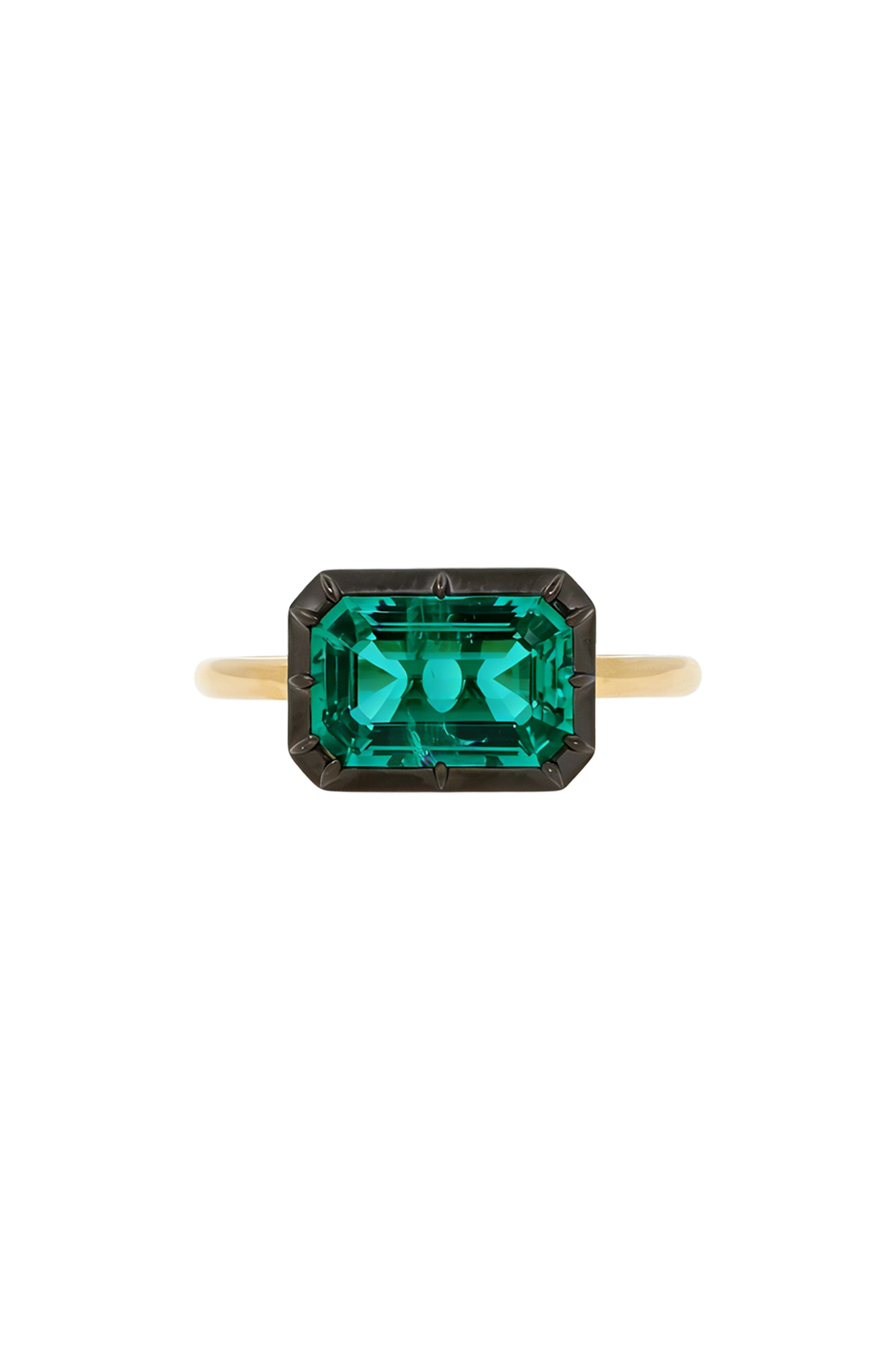 “Regency” Two-Tone East-West Emerald Rose-Back Ring