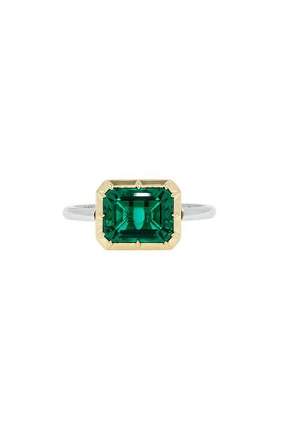 “Regency” Two-Tone East-West Emerald Rose-Back Ring