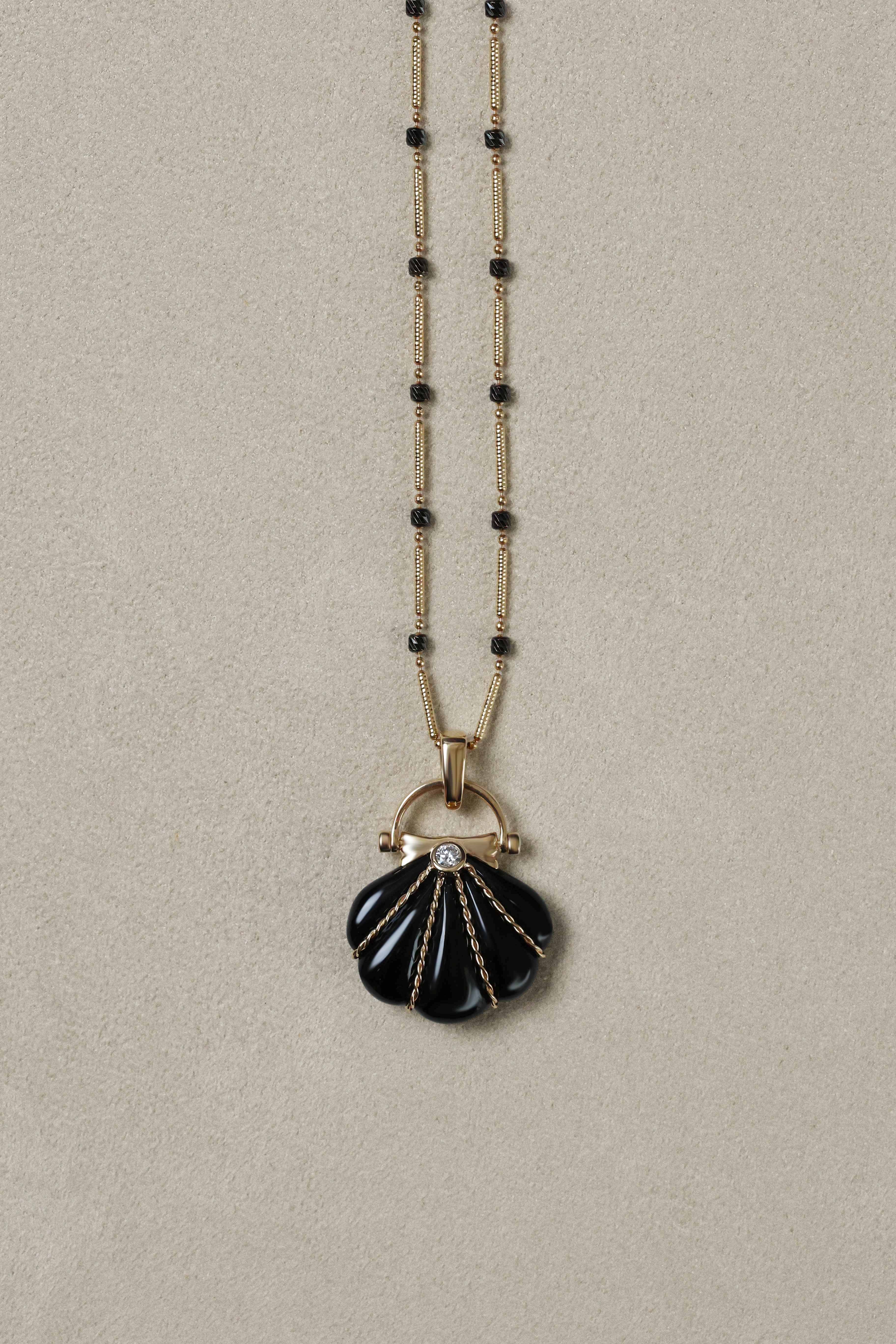 "Siren" Onyx & Diamond Cockle Pendant Necklace
