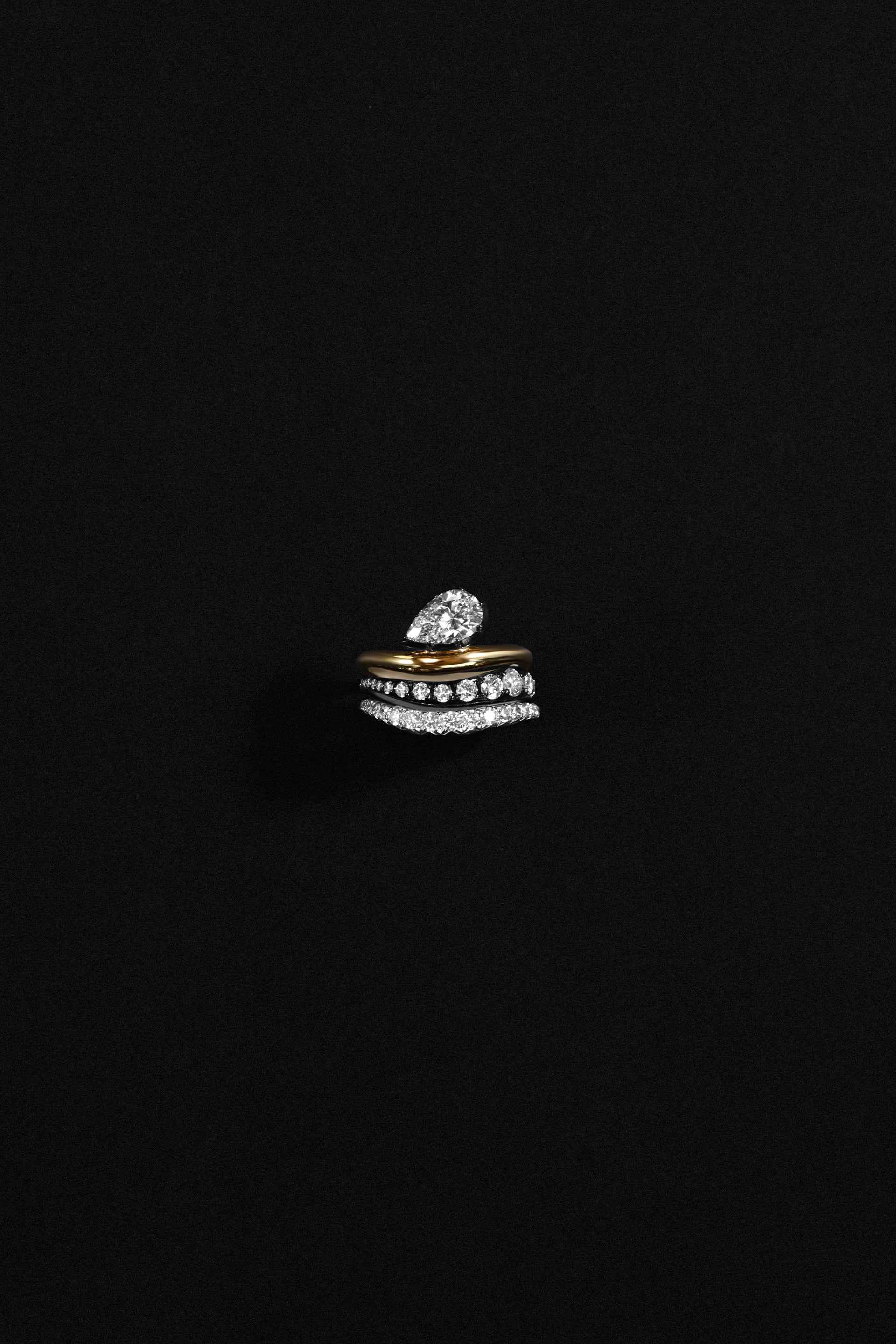 "Siren" Two-Tone Pear Diamond Tidepool Ring Stacked High-Low Tide Diamond Rings (Trio)