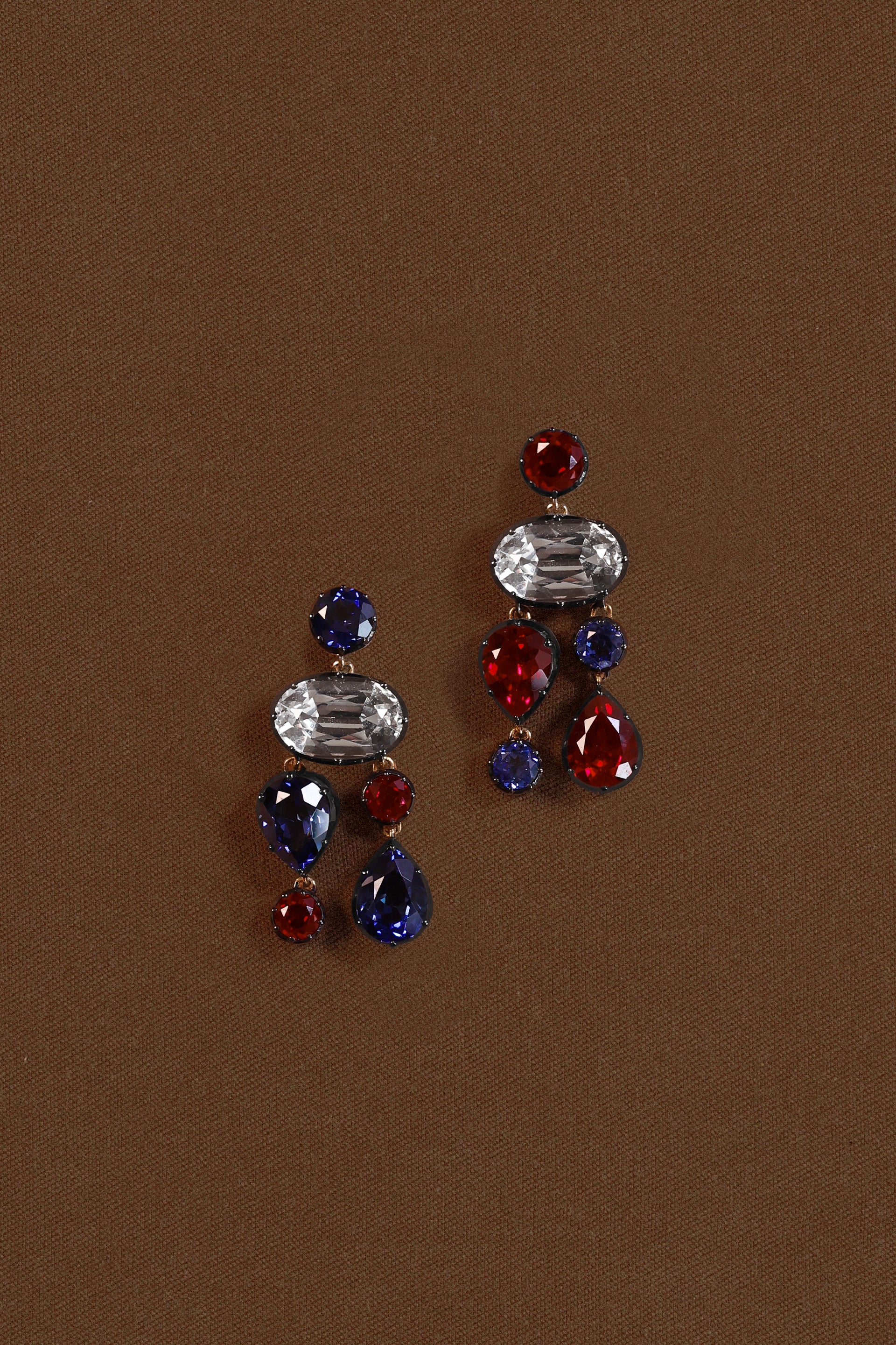 “Regency” AB Two-Tone Ruby, White & Blue Sapphire Chandelier Earrings