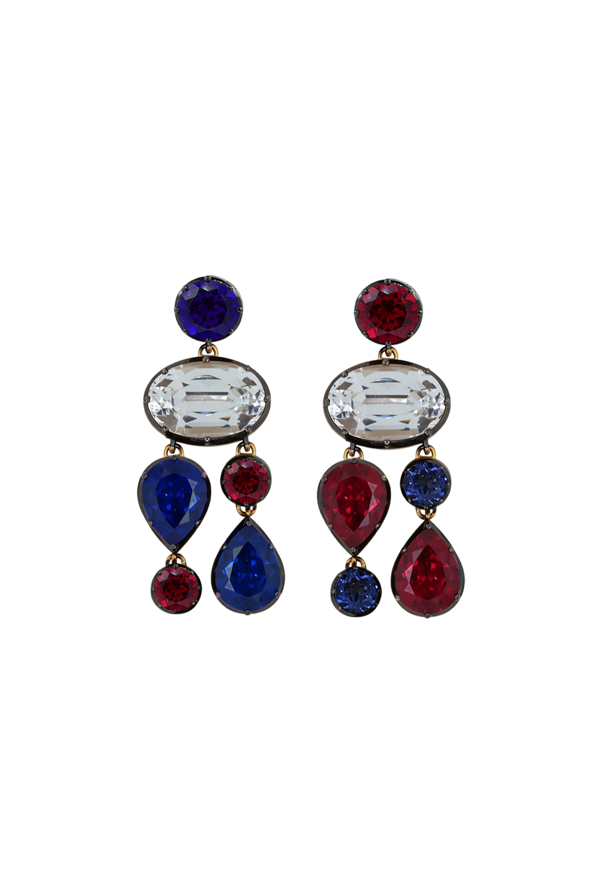 “Regency” AB Two-Tone Ruby, White & Blue Sapphire Chandelier Earrings