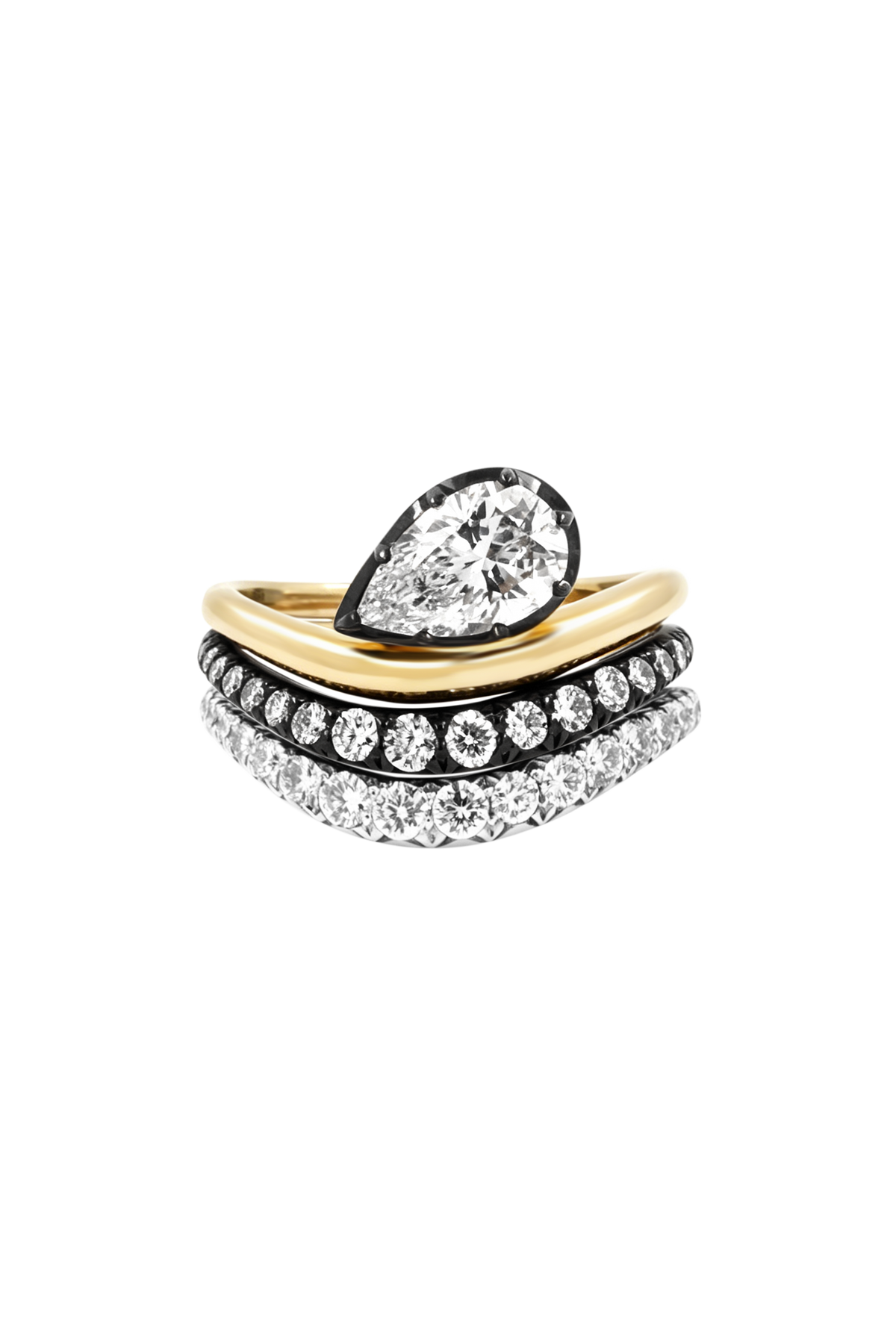 "Siren" Two-Tone Pear Diamond Tidepool Ring Stacked High-Low Tide Diamond Rings (Trio)