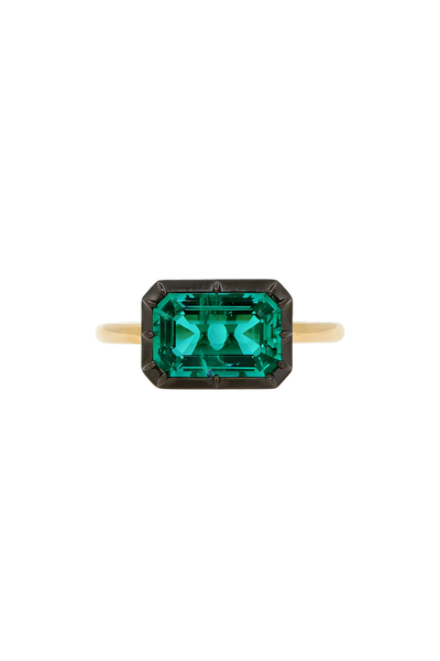 “Regency” Two-Tone East-West Emerald Rose-Back Ring