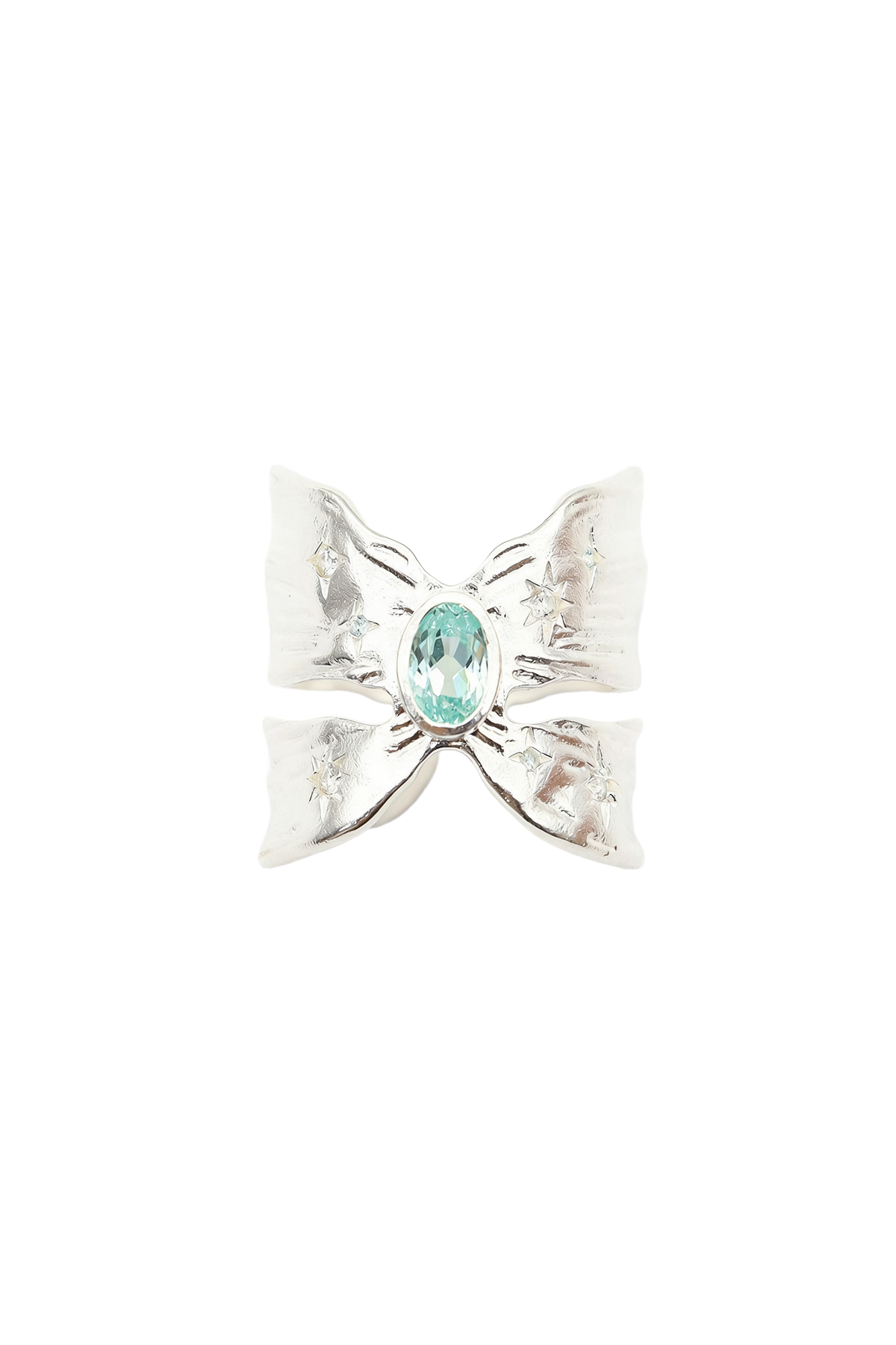 “Wings” Paraiba & Diamond Hammered Silver Ring