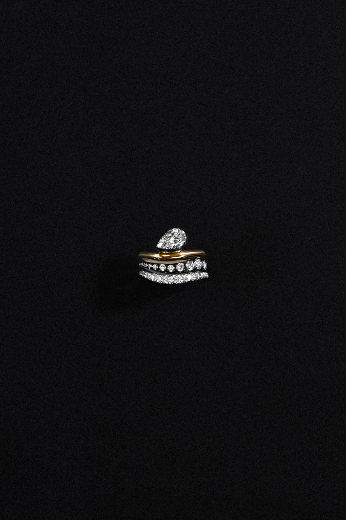 "Siren" Two-Tone Pear Diamond Tidepool Ring Stacked High-Low Tide Diamond Rings (Trio)