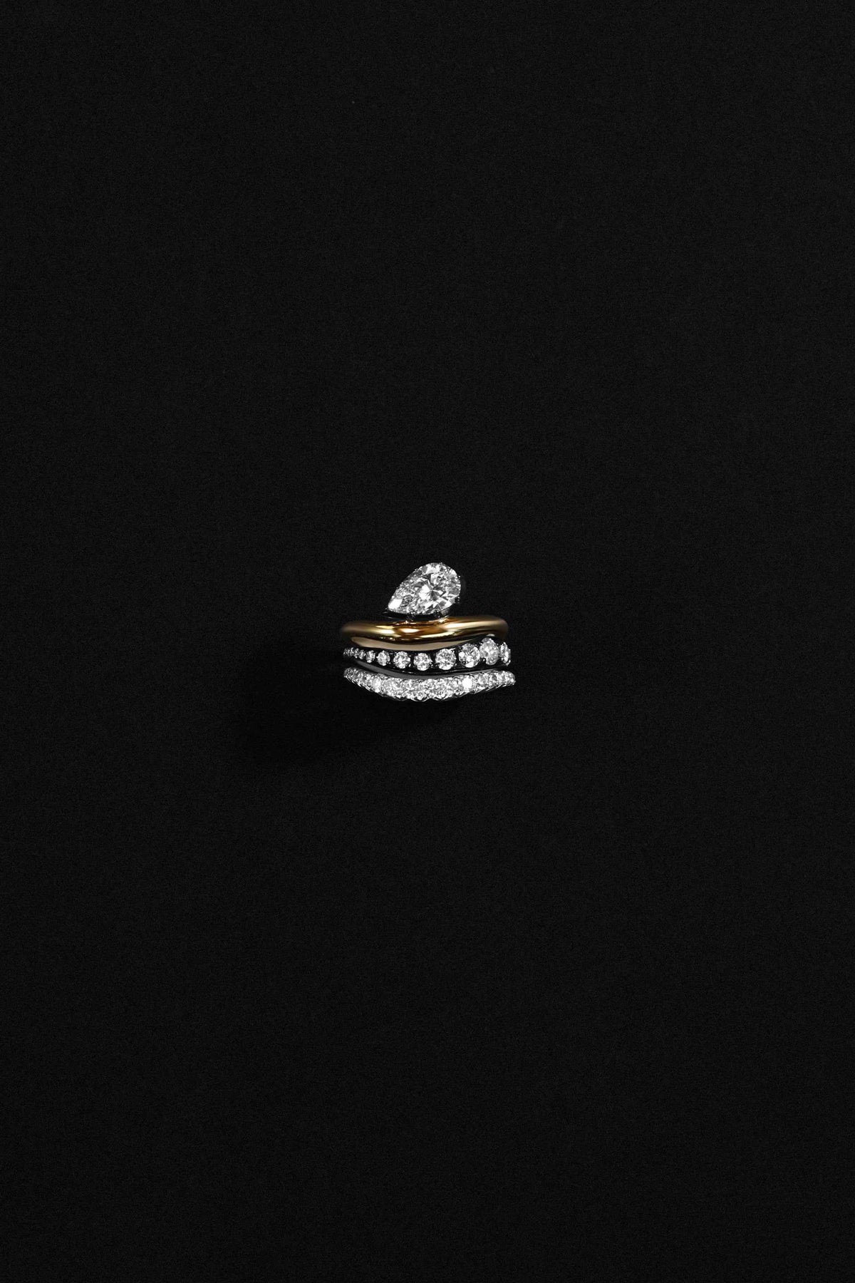 "Siren" Two-Tone Pear Diamond Tidepool Ring Stacked High-Low Tide Diamond Rings (Trio)