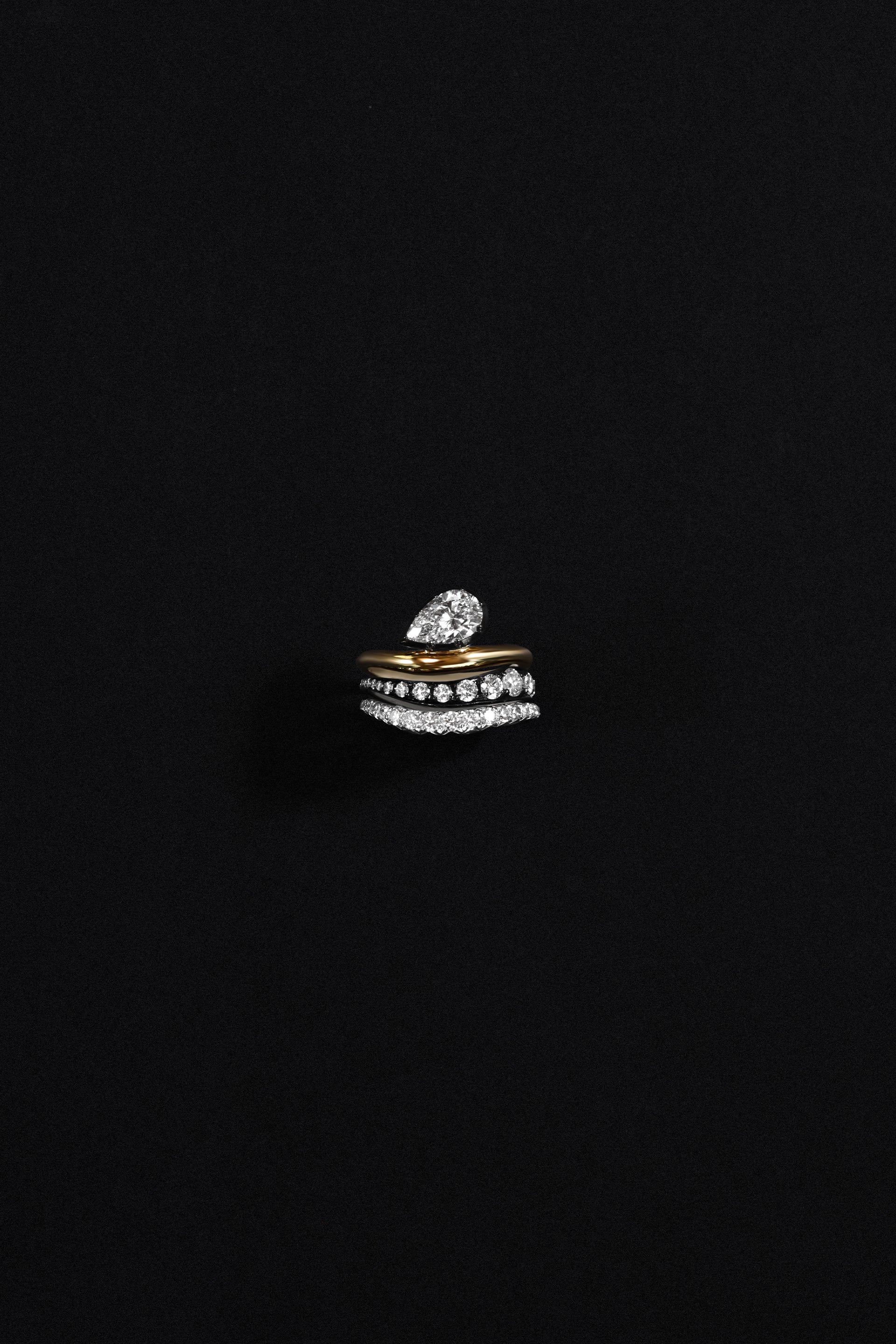 "Siren" Two-Tone Pear Diamond Tidepool Ring Stacked High-Low Tide Diamond Rings (Trio)