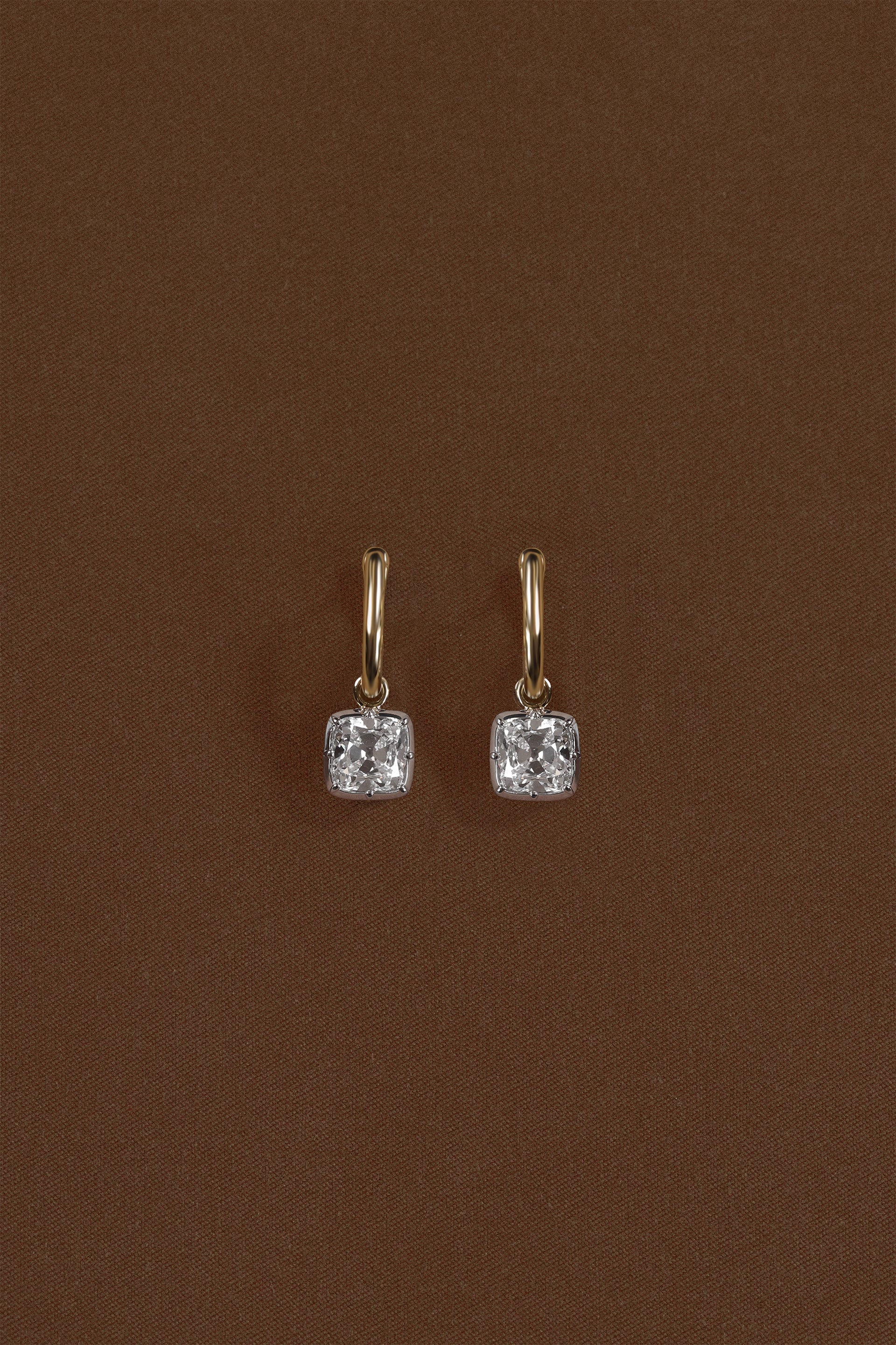 “Regency” Two-Tone Cushion (2ct) Rose-Back Diamond Earrings